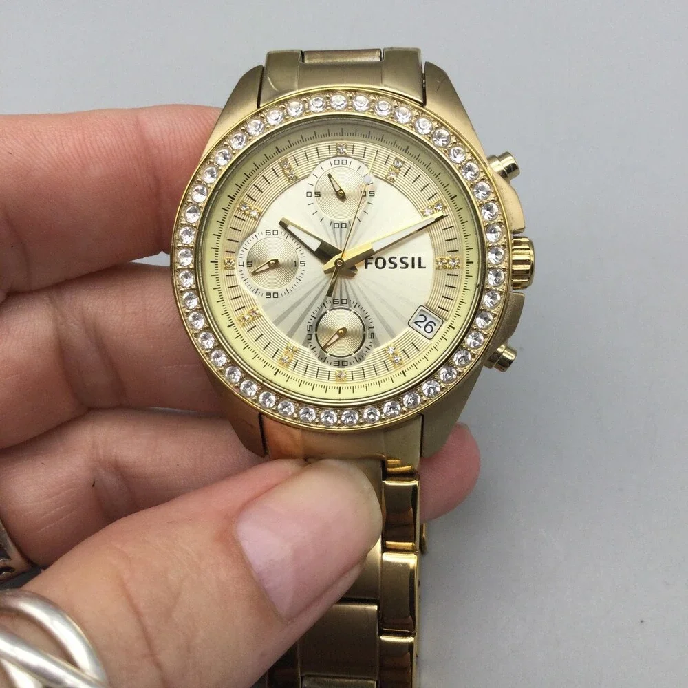 Fossil ES2683 Womens Watch 37mm Chronograph Gold Tone Crystals New Battery 7.25